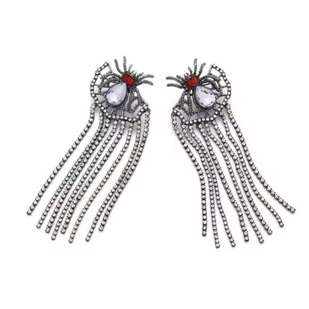 Spider Momento Mori Crystal Rhinestone Fringe Drop Earrings